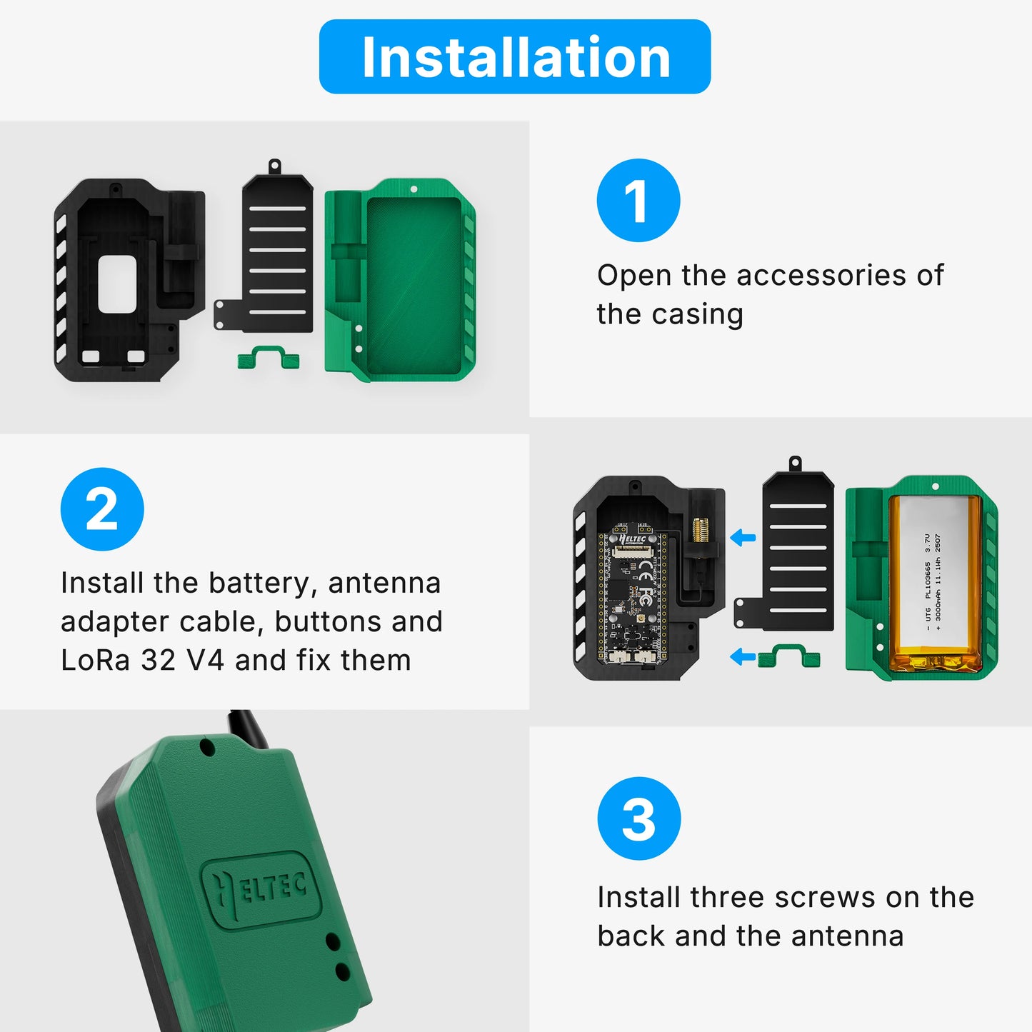 Heltec V4 Meshtastic WiFi LoRa 32 Dev-Board Case Set with 3000mAh Battery Soft Antenna ESP32 SX1262 Solar Powered