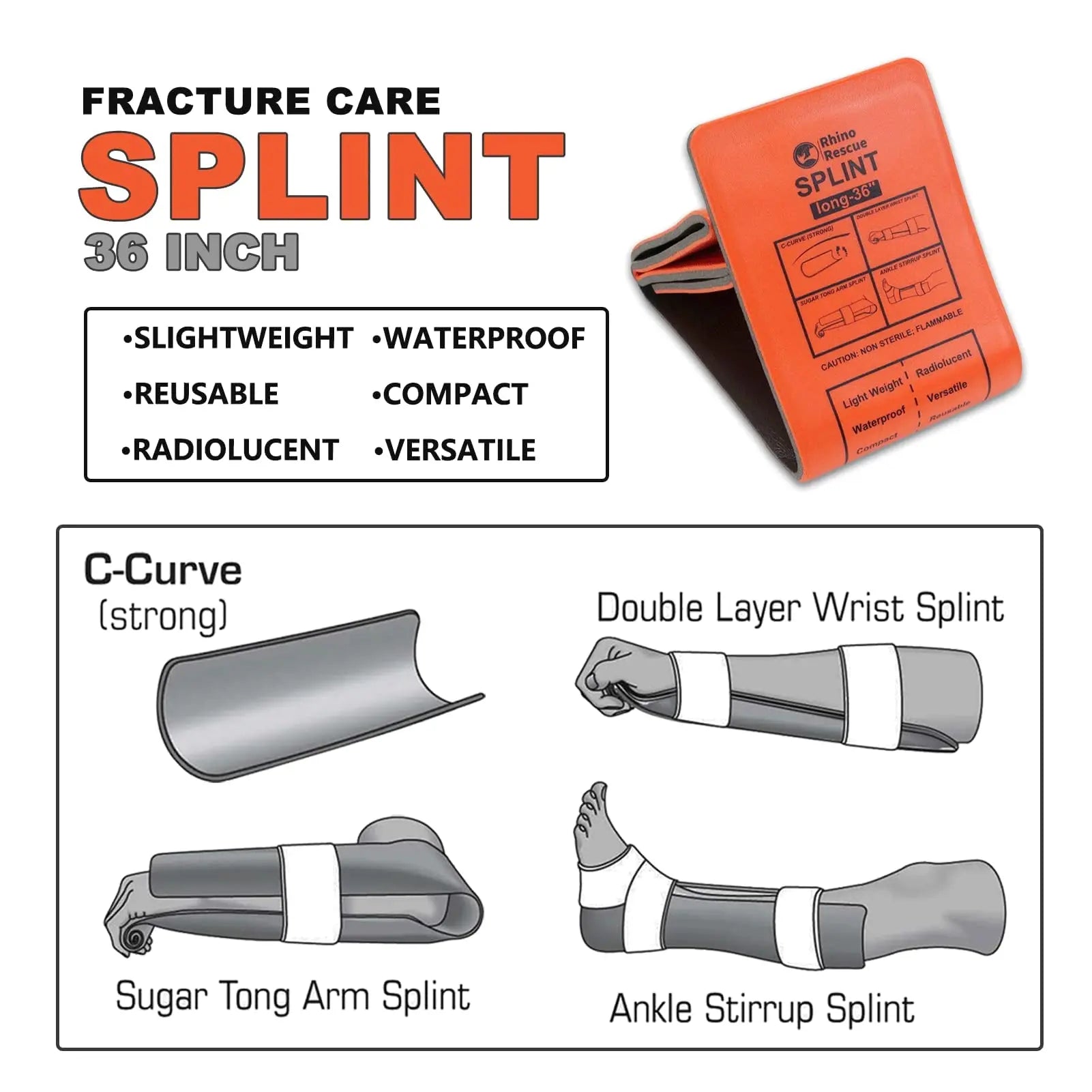RHINO RESCUE First Aid Splint 36" X 4.3" Green-Gray, Keep Bones in Position For Camping Hiking Fixture Bone Emergency Kit