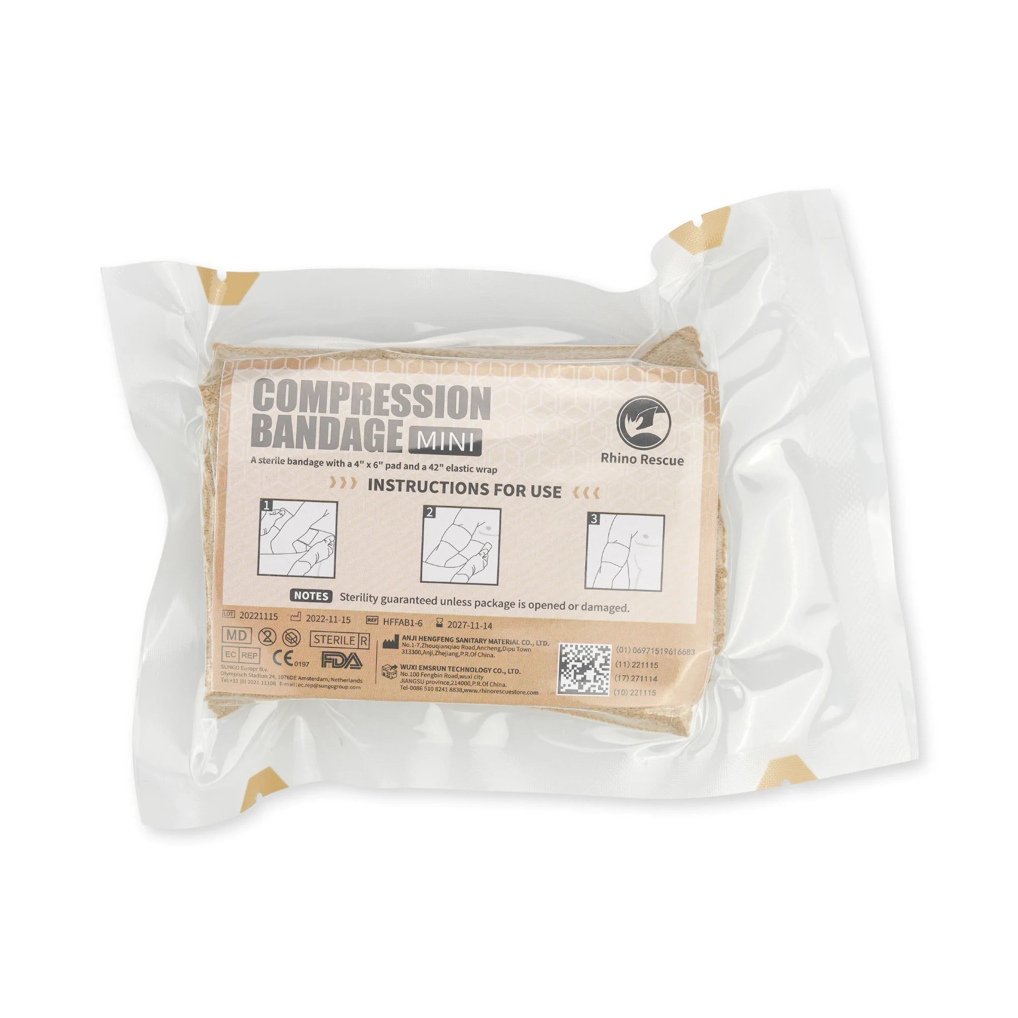 Rhino Rescue Mini Emergency 4in Bandage Compression Trauma Pressure Bandage Wound Dressing For Camping Hiking