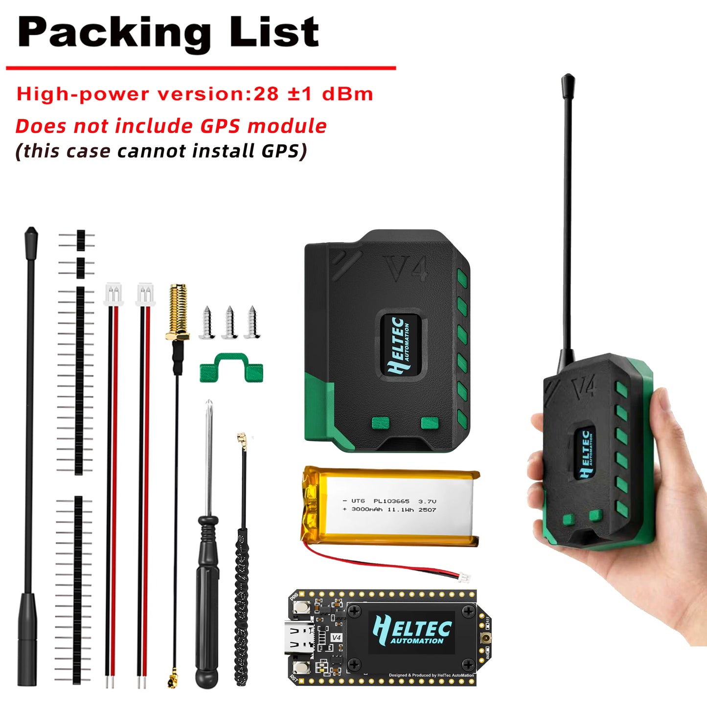 Heltec V4 Meshtastic WiFi LoRa 32 Dev-Board Case Set with 3000mAh Battery Soft Antenna ESP32 SX1262 Solar Powered